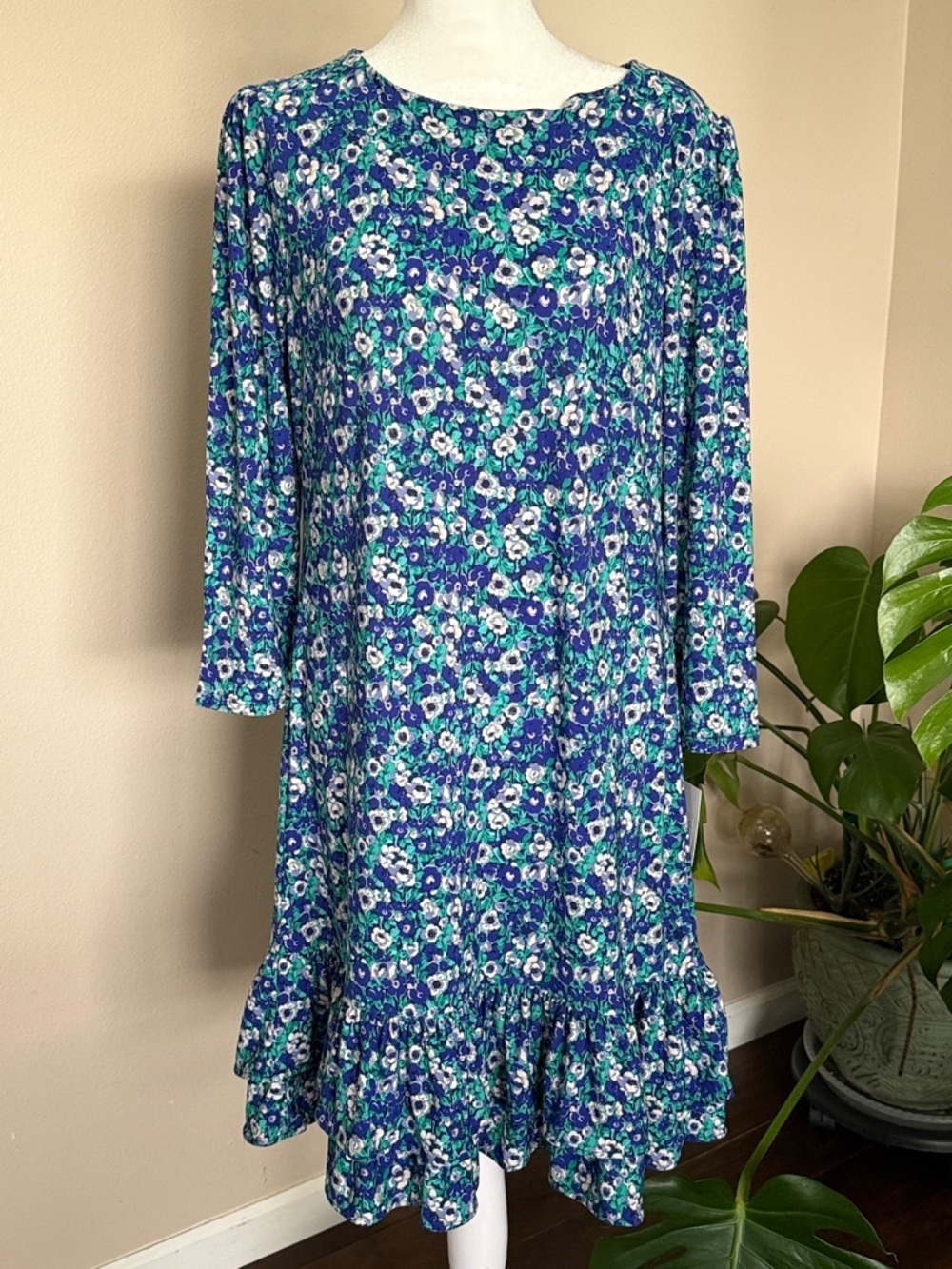 Harper Rose Blue & Green Floral 3/4 Sleeve Ruffle-Hem Dress, Size 10
